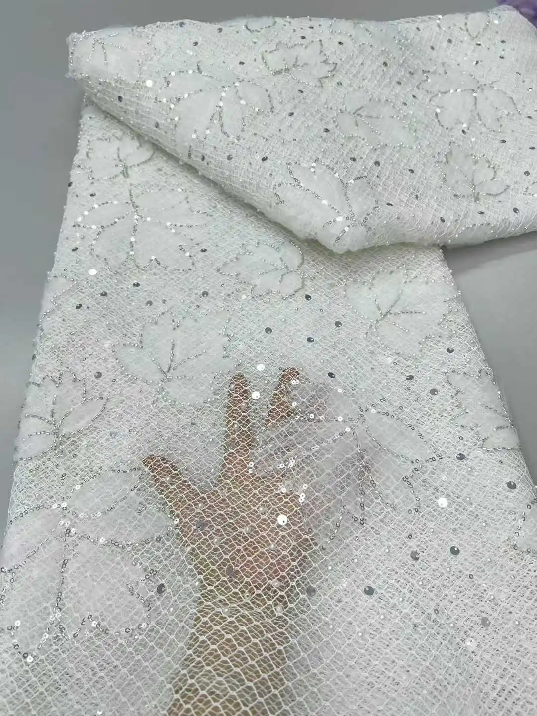

African Mesh Lace Fabric High Quality 2025 5 Yards Sequins Tulle Nigerian French Beaded Lace Fabric Wedding Dresses for Women