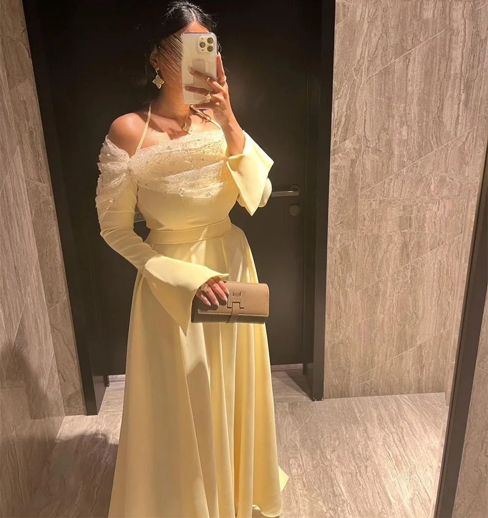 

Welove Elegant Strapless Spaghetti Strap Sequined A Line Full Sleeve Evening Dress Floor Length Sweep Train Prom Gown New 2023