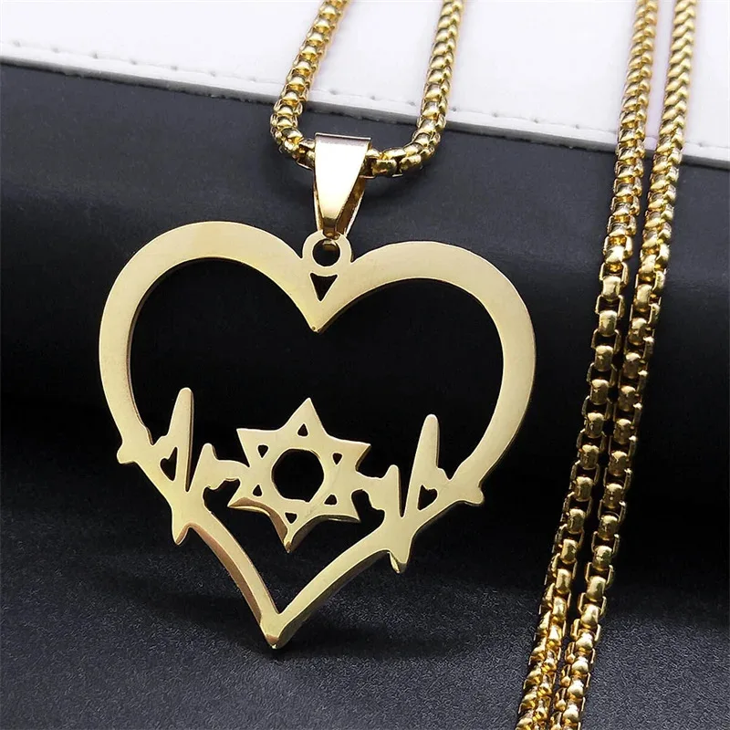 New fashion Heart Beat Star David Hebrew pendant clavicle Chain Simple Jewish Heart necklace accessories for men and women