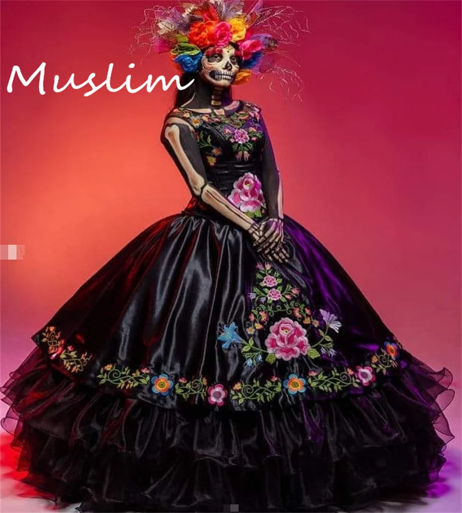 Halloween Charro Black Mexican Quinceanera Vestido, Fantasia mexicana, Vestido de baile, Emboridery em camadas, Doce vestido de aniversário de 15 anos