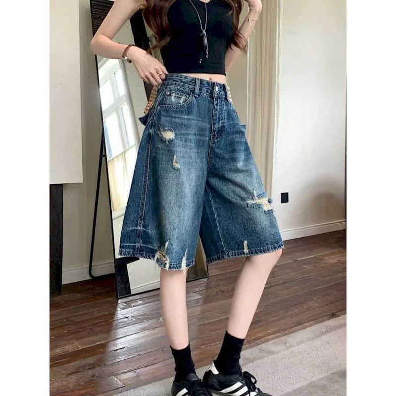Denim Wide Leg Pants Loose 2026 Summer Large Size Five-point Pants American Style Ripped Jeans Vintage Women Baggy Y2k Clothes