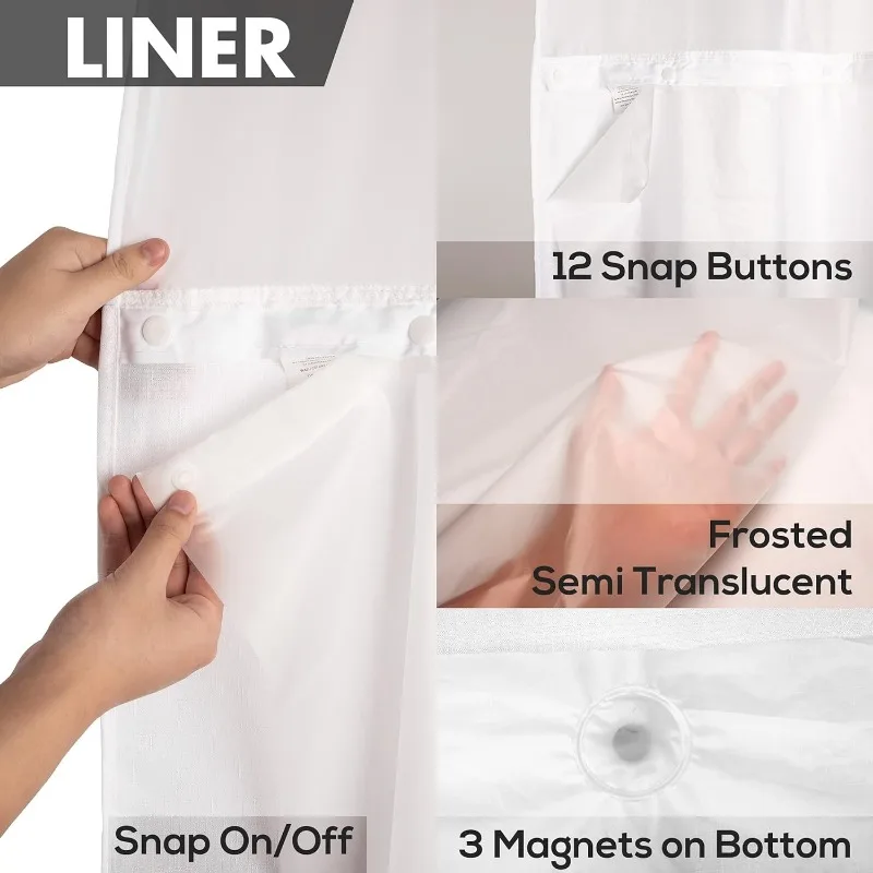 Waterproof  Snap-in Shower Curtain Liner Replacement: No Hook to Attach and Snap On/Off, Frost, 70x54