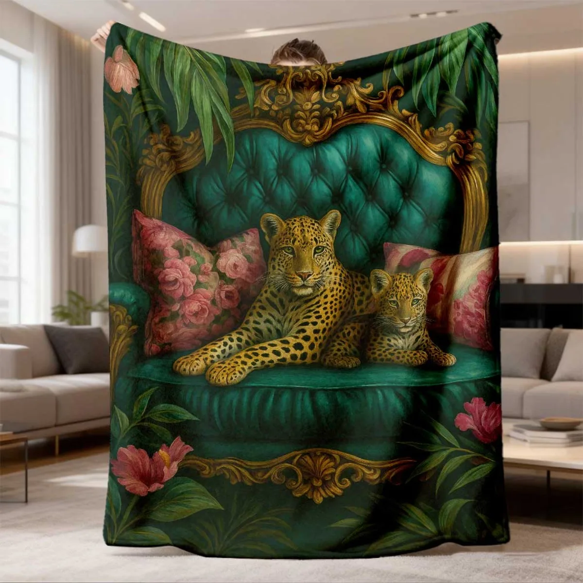 Vintage Leopard Family Floral Flannel Blanket Soft Cozy Throw Blanket Retro Green Sofa Jungle Animal Print Bed Sofa Cover