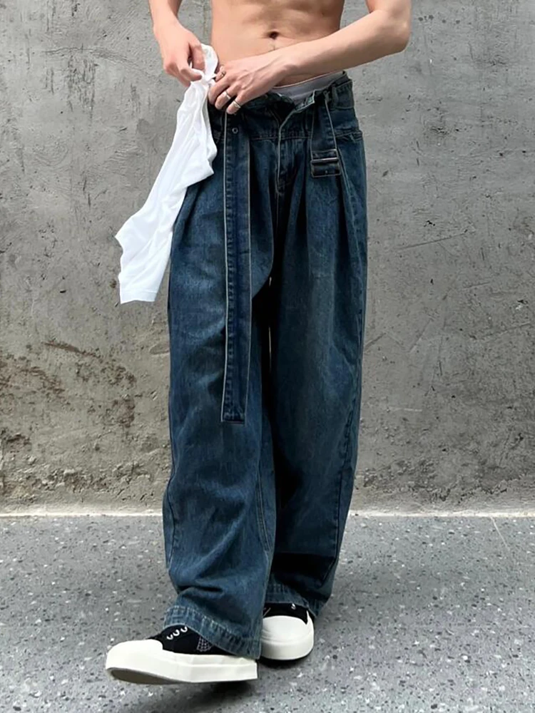 REDDACHIC Vintage Belted Blue Baggy Jeans Men Washed High Waist Distressed Loose Denim Wide Straight Pants High Street Clothes