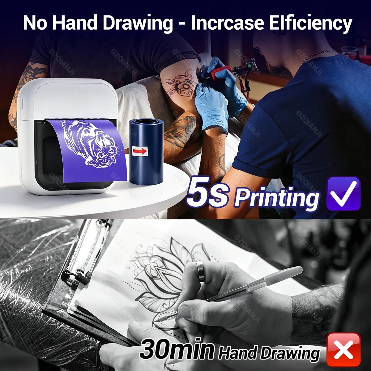2Inch Portable Mini Tattoo Printer Pocket Thermal Printer Inkless with Tattoo Transfer Paper Rolls For Tattoo Small Pattern view 6