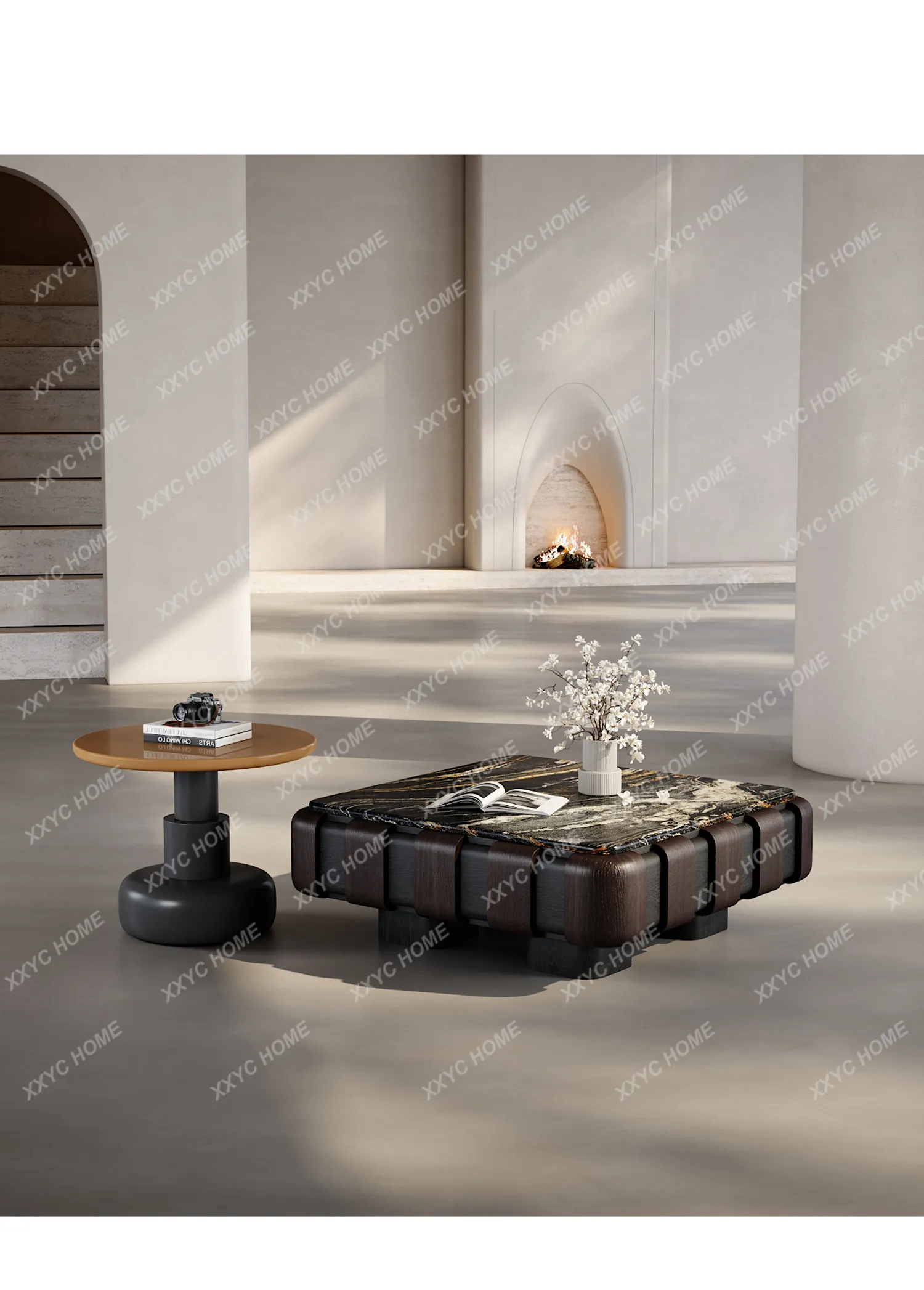 A minimalist luxury stone square coffee table living room home 2026 new model