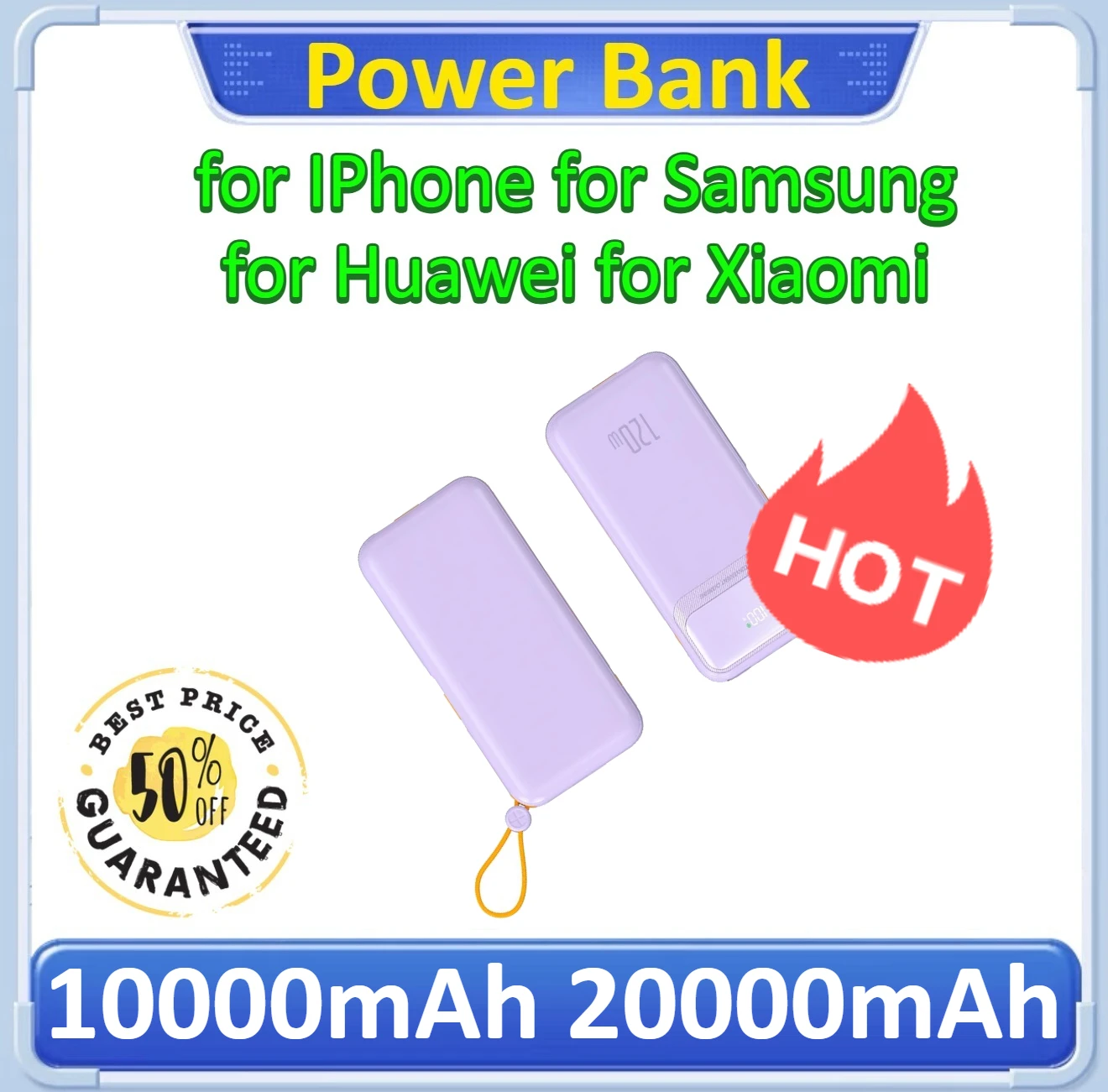 

120W Ultra Fast Power Bank with Built-in Cable Intelligent Digital Display For iPhone/Samsung/Xiaomi/Huawei 10000mAh 20000mAh