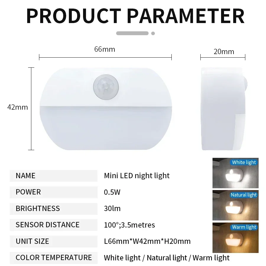 Mini luz LED nocturna con Sensor de movimiento, lámpara inalámbrica recargable para armario, 3 colores, atenuación, cocina, armario, escalera