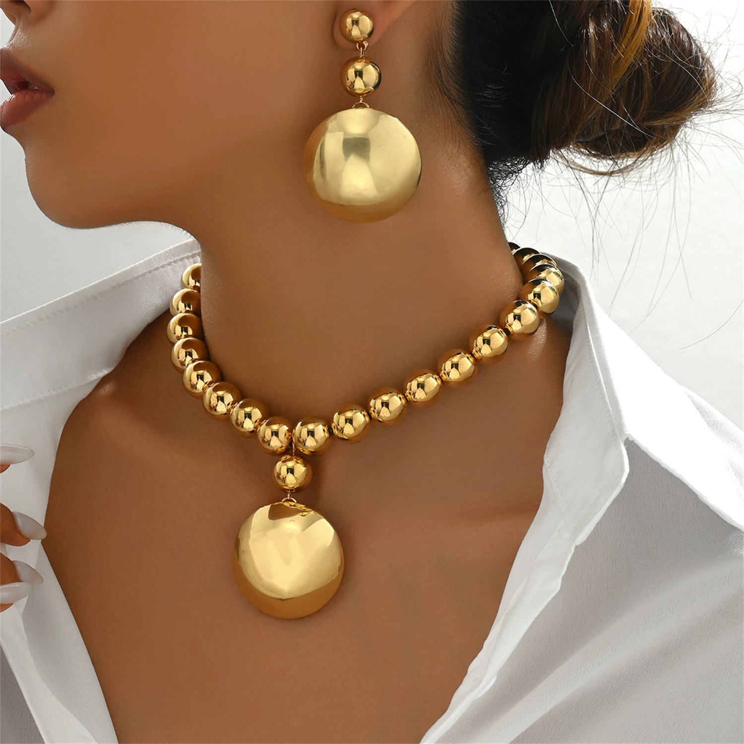 WAKA Bold Statement Chunky Beads Necklace Earrings Set Round Pendant Choker Drop Earrings Trendy Party Jewelry For Women
