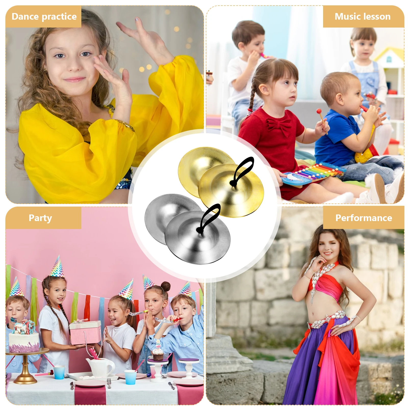

2 Pairs Mini Brass Finger Cymbals Durable Polished Kids Instruments Lightweight Smooth Dance Accessories Percussion Toys