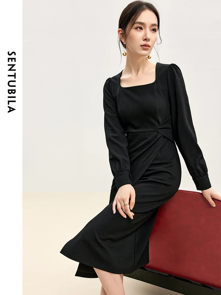 SENTUBILA Knitted Square Neck Black Dress  2024 Autumn A Line Retract Waist Long Sleeve Elegant Knee-length Dress 143L56674