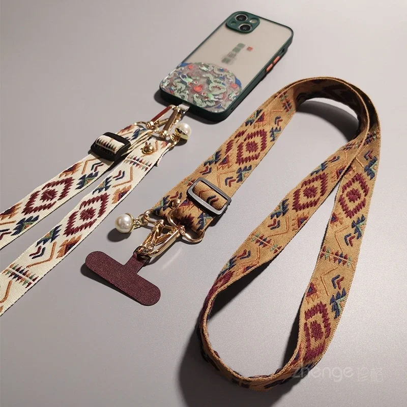 Long Crossbody Can Shoulder Pendant Retro Totem Pattern Pendant Pearl Pendant  Mobile Phone Shell Universal Rope Keychain Strap