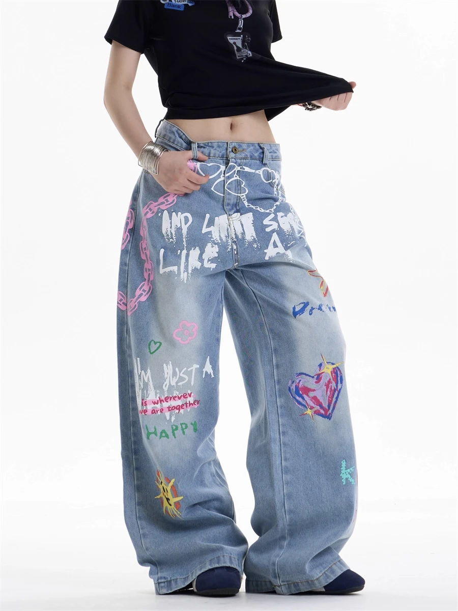 Pantalones vaqueros holgados Y2k con dibujo grafiti para mujer, pantalones Vintage Harajuku, estilo japonés de los años 2000, pantalones vaqueros de gran tamaño de Hip Hop, ropa
