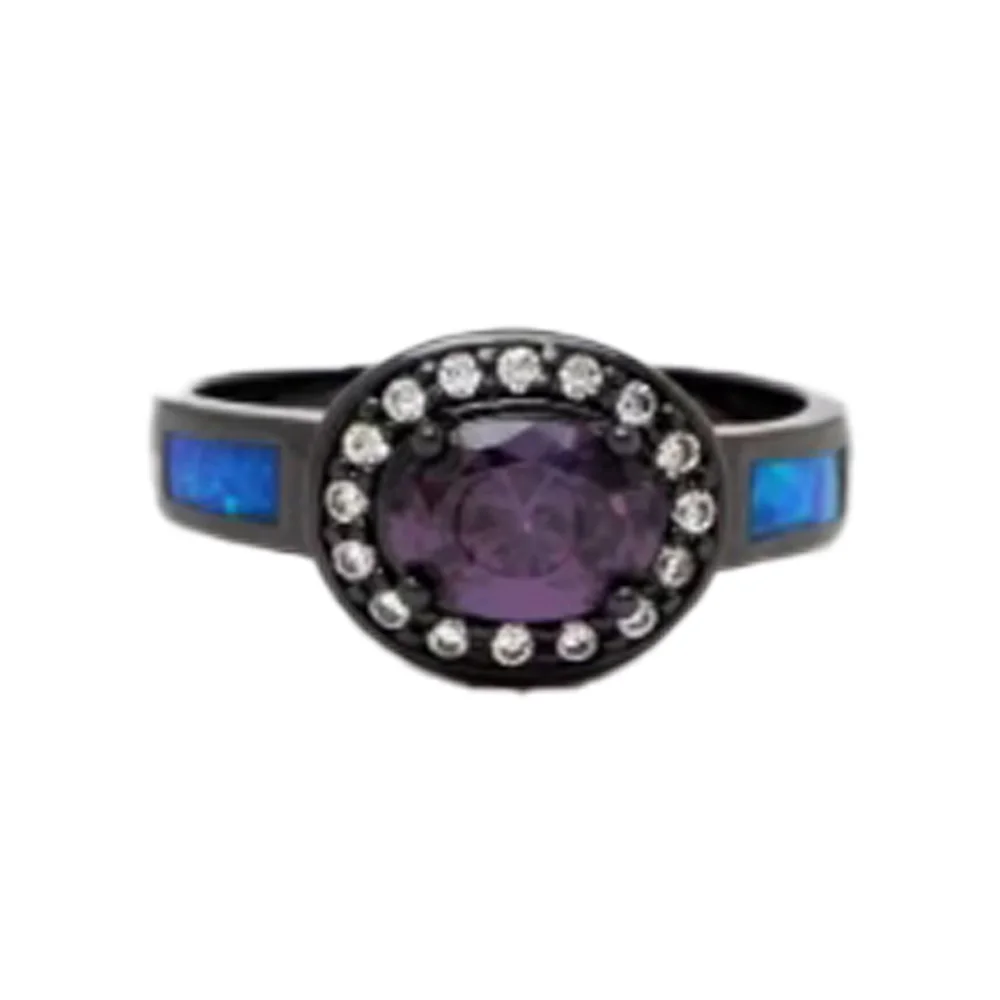 

JieLing Purple Opal Blue Inlay Black Gold Ring with Elegant Cubic Zirconia - Stylish Jewelry Gift for Women