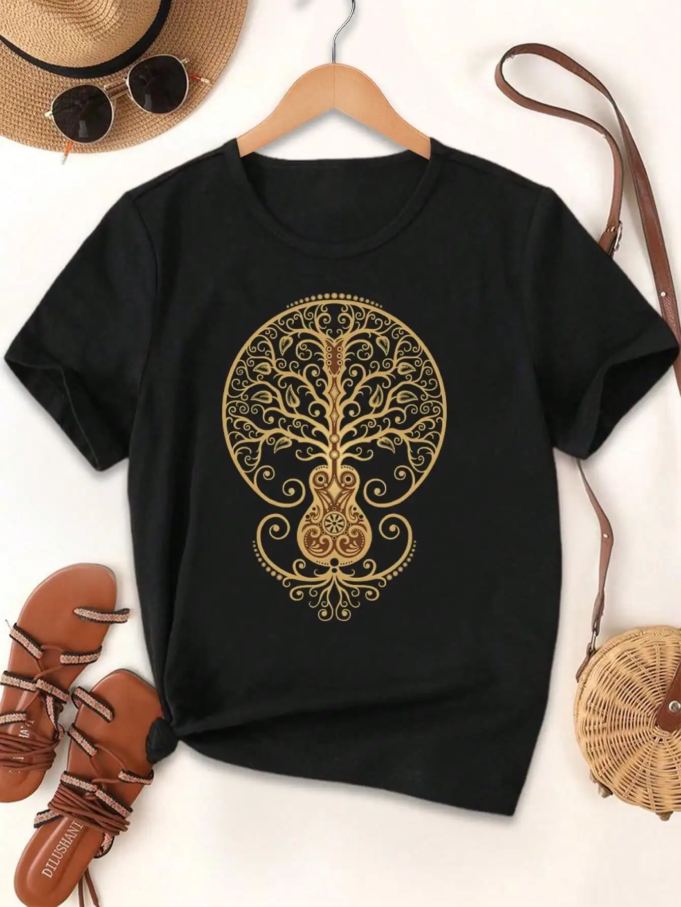 

Lover's Brown Acoustic Guitar Tree Of Life T-Shirt For Women Cute Couple Shirts Matching Outfits Bohemian Style