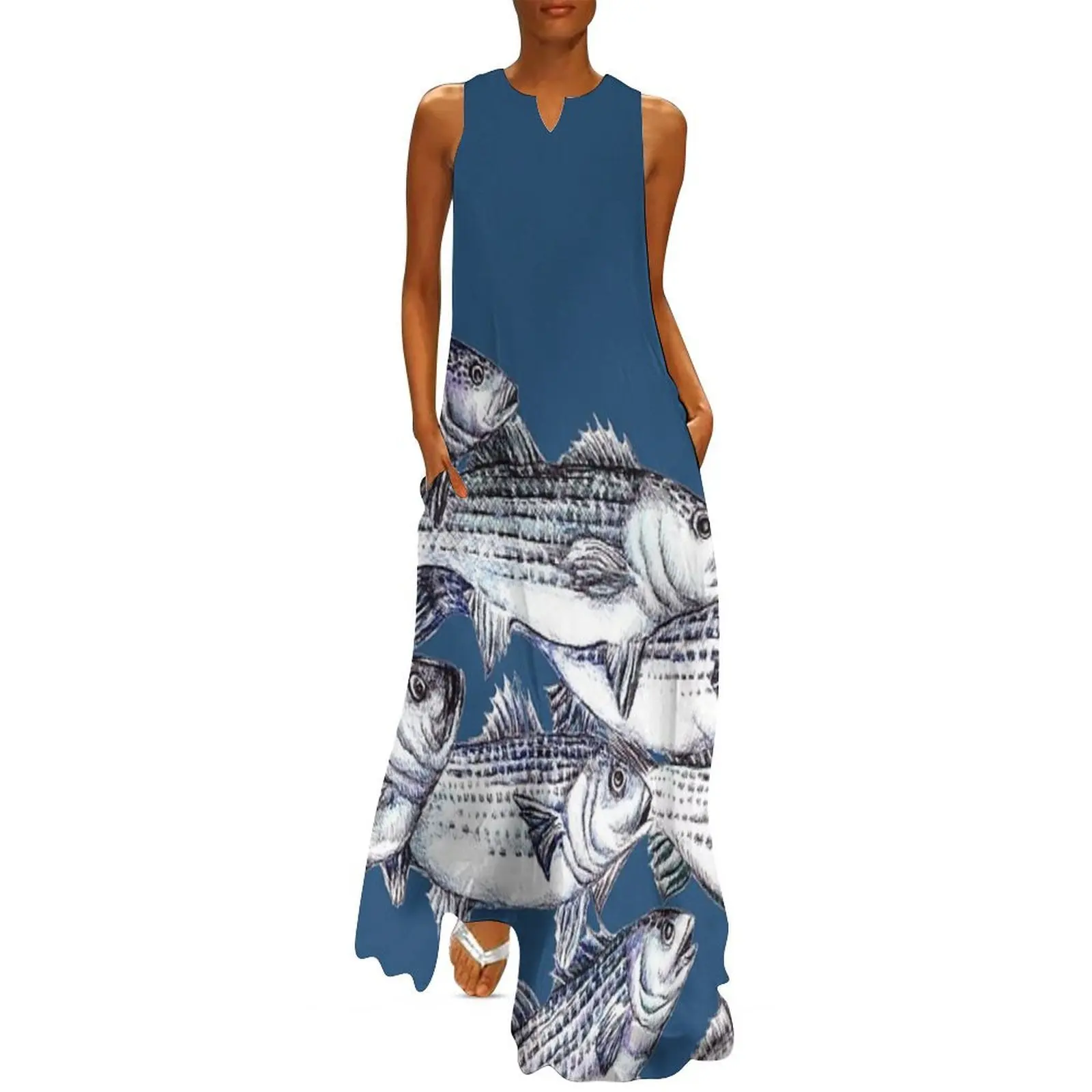 

Striped Bass Ink Drawing Old School - in Marine Blue Long Dress summer women's suit women's luxury party dress
