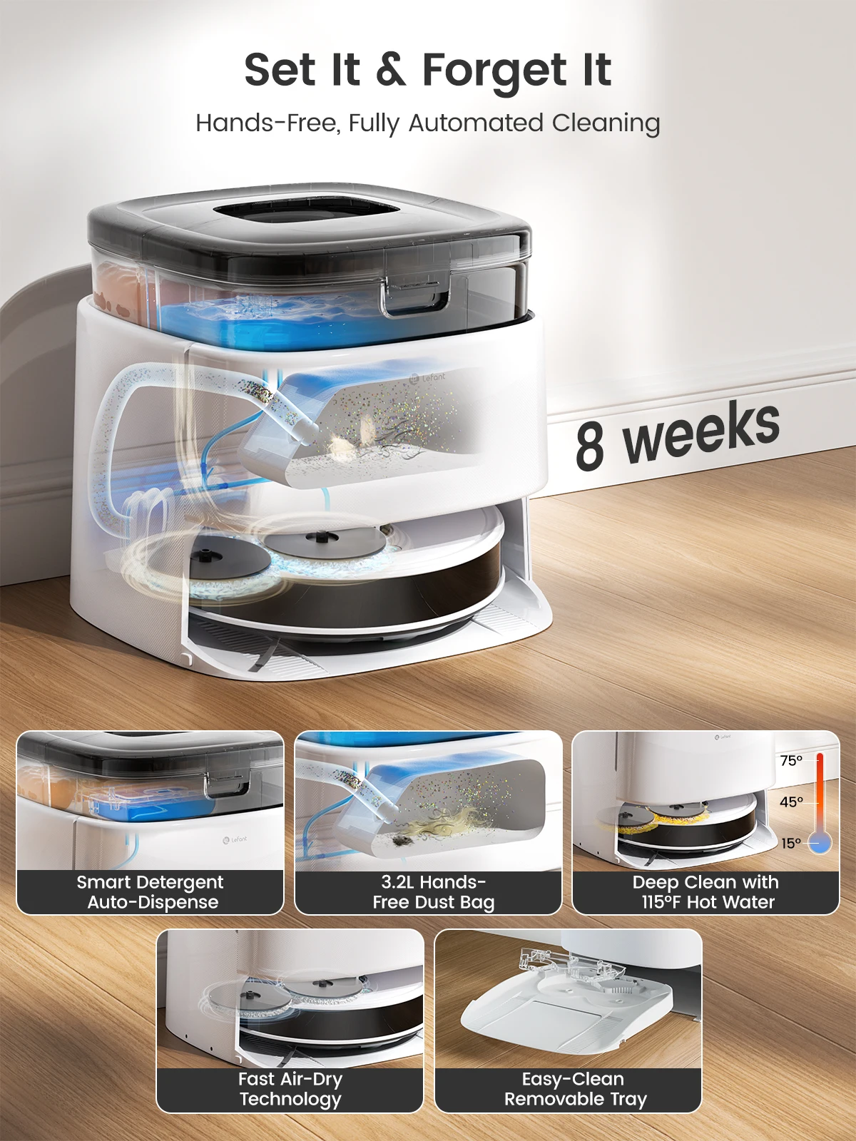 Lefant M3M3L Robot Vacuum, Robot Vacuum and Mop, 12000Pa Suction Anti-Tangle Brushes, Dual Spinning Mop, Auto Mop Washing Drying