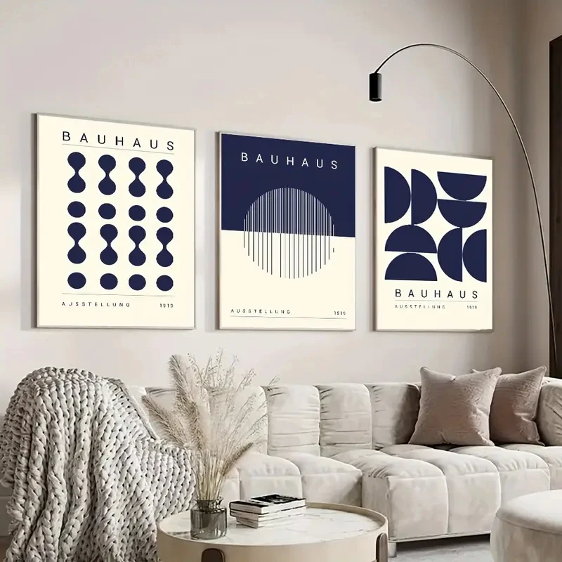 

3pcs Abstract Bauhaus Art Canvas Wall Painting with Vertical Rectangular Geometric Patterns Blue White Living Room Decoration