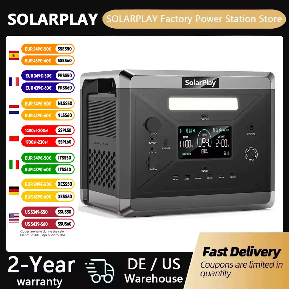 

Charging Station 2400W Portable Power Station 220V 110V AC Outlets Portable Power Station United States Germany Warehouse Ship
