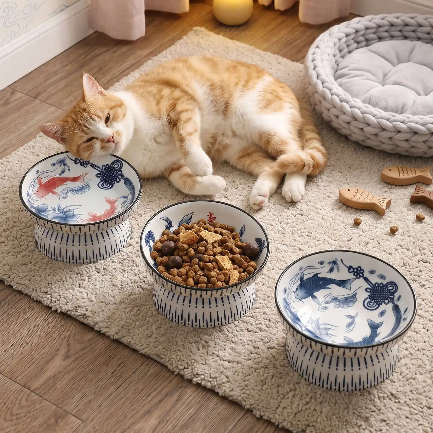 Cute Tilted Elevated Ceramic Pet Bowl Chinese Blue White Fish Pattern Raised Cat Dog Feeding Bowl Anti Vomiting Food Water Dish view 2