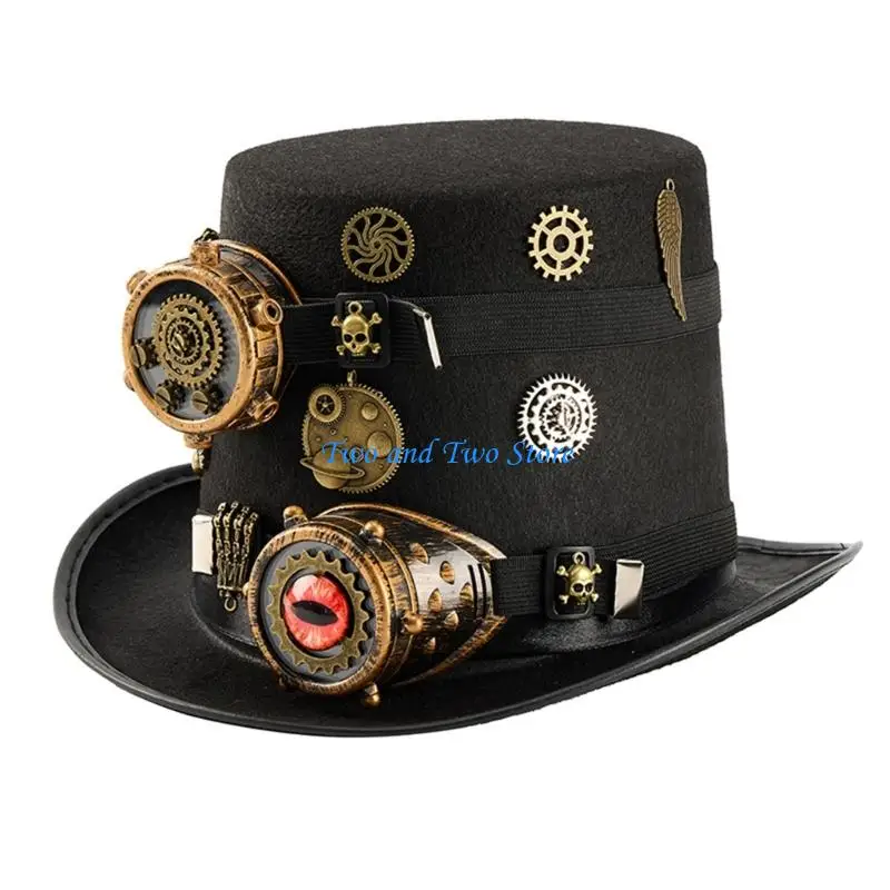 

HX6F Gothic Top Hat Parties Metal Goggles Attached Felts Caps Costume Decors Halloween Pirate Accessories For Role Playing