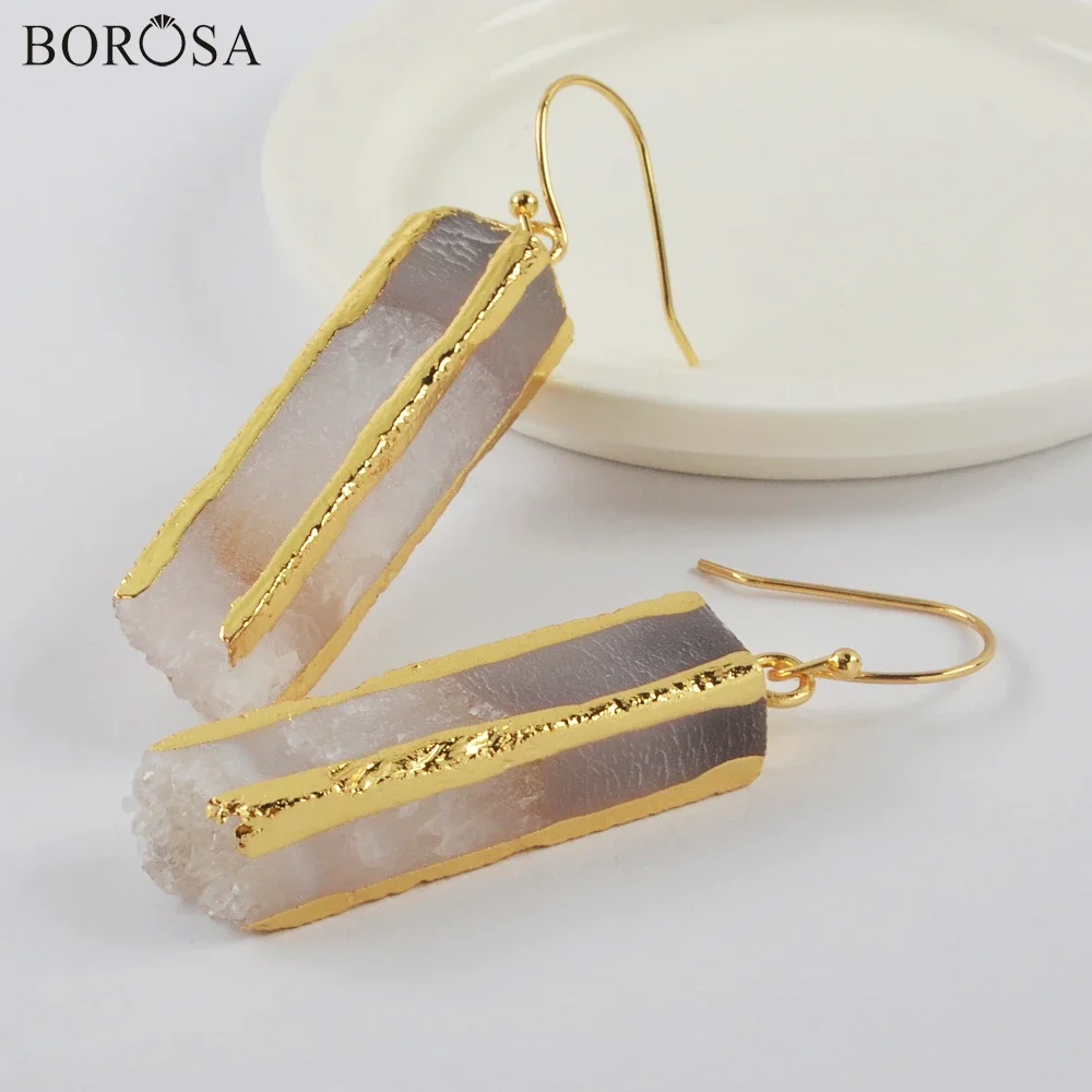 BOROSA Golden Color Agates Druzy Earring for Women Natural Quartz Gems Stone Dangle Earrings Handmade as Jewelry Gifts G1999-E