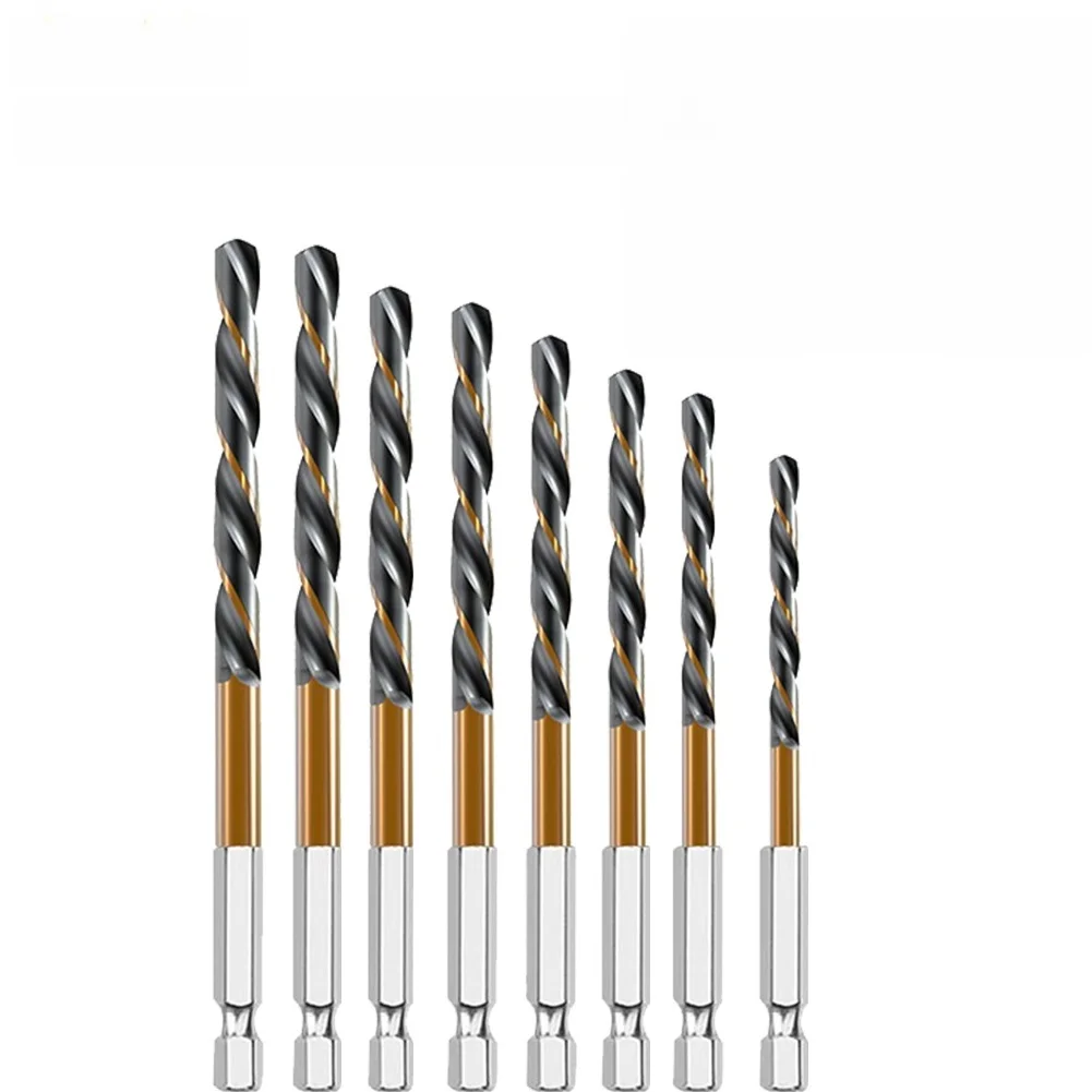 8PCS HSS Nitride Coated Drill Bits 1/4 Hex Shank for Quick Drill Bit Replacement Suitable for Wood and Plastic