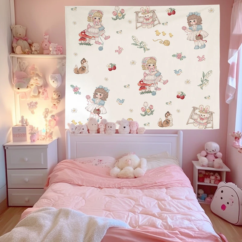VIKAMA Cute Lamb Bear Kawaii Pastel Wall Tapestry, Soft Aesthetic Hanging Cloth for Girls Bedroom Nursery Kids Room Decor