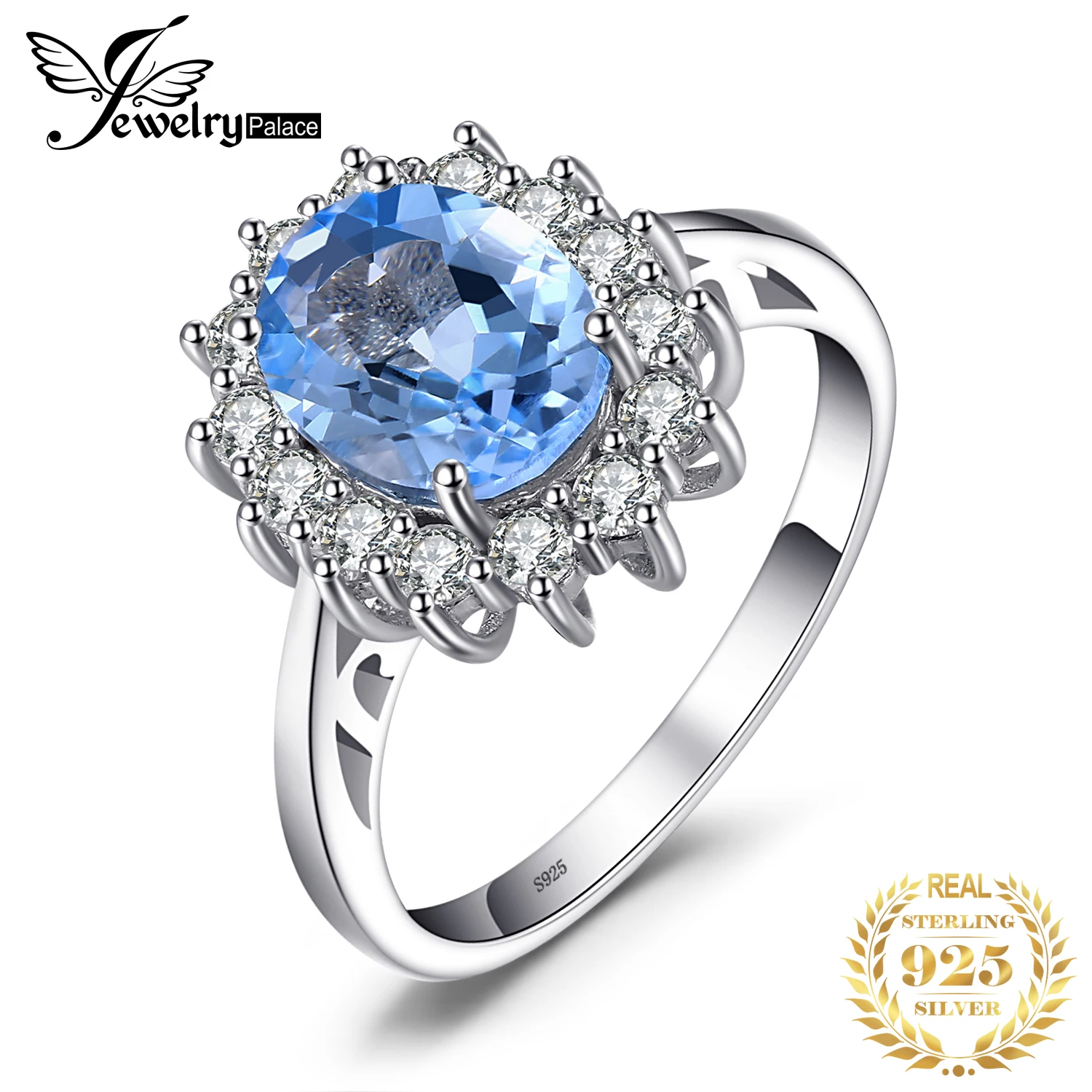 JewelryPalace Princess Diana 2.3ct Natural Blue Topaz 925 Sterling Silver Halo Engagement Ring Women Fashion Gemstone Jewelry