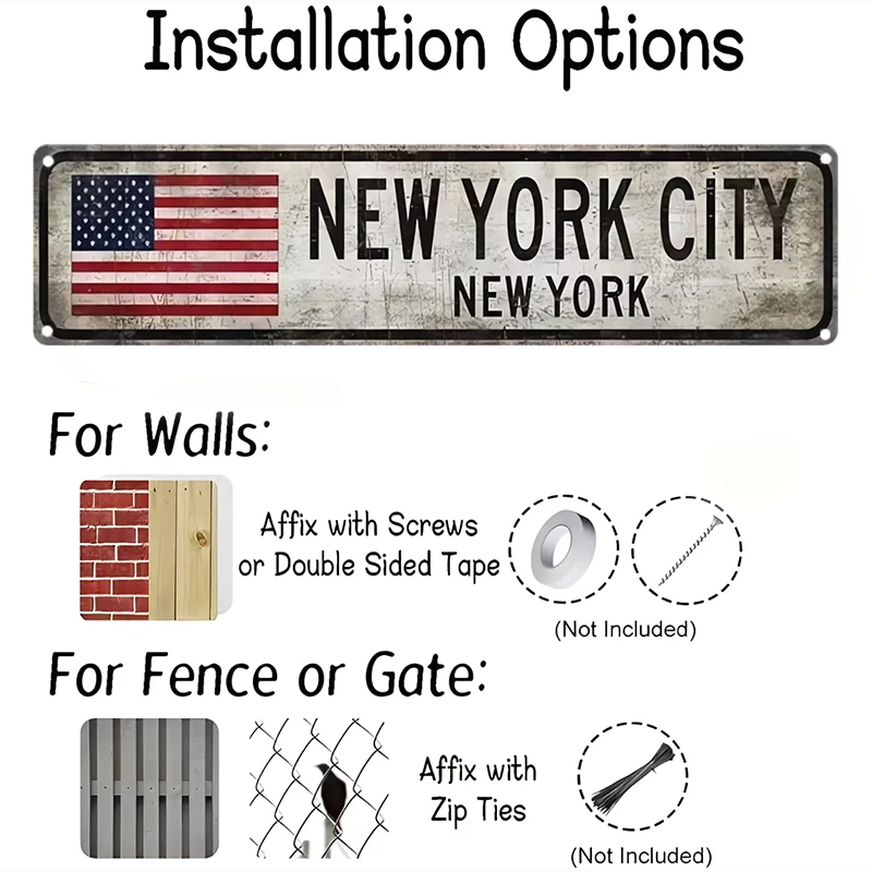 Vintage New York City Metal Sign - Rustic Aluminum Wall Decor with American Flag for Bar, Office, Man Cave - NYC Themed Plaque