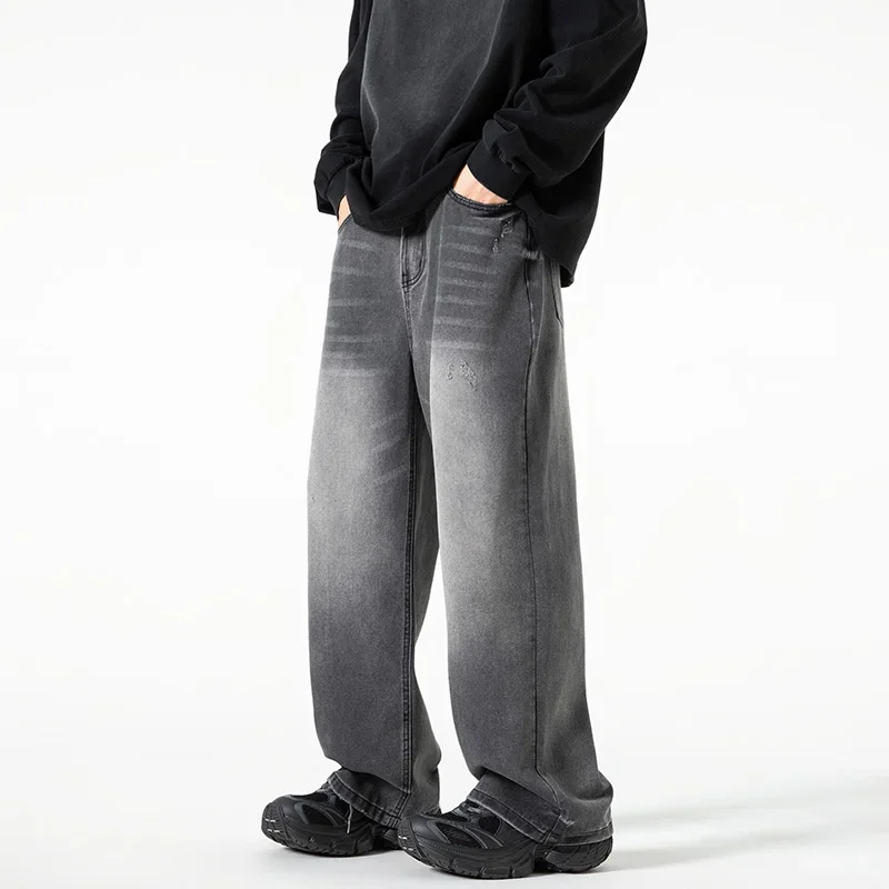 جديد غسلها الجينز الشارع السراويل الذكور الدنيم السراويل بلون واسعة الساق بانت زر عارضة الشارع الشهير الهيب هوب نمط المعادن الثقيلة #2