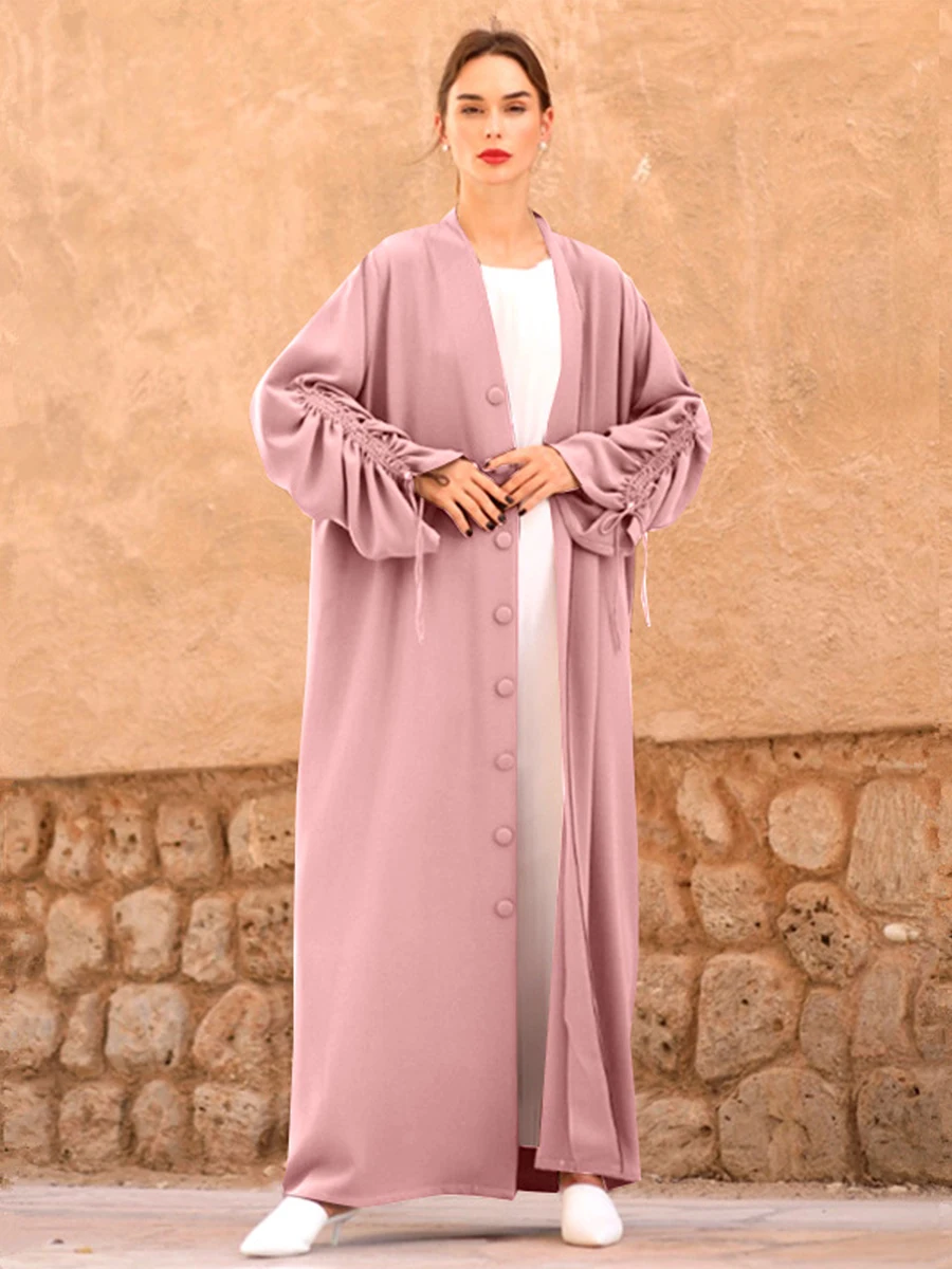 Ruched Sleeves Dubai Abaya Open Front Kimono Islamic Clothing Muslim Women Ramadan Eid Hijabi Robe Kaftan Turkish Modest Outwear