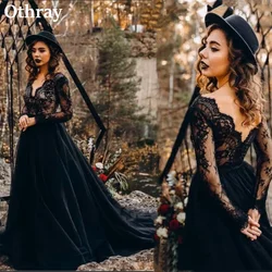 Othray Gothic Black Wedding Dresses V Neck Lace Long Sleeves Bridal Gowns Vestidos De Fiesta Covered Button Back 2024