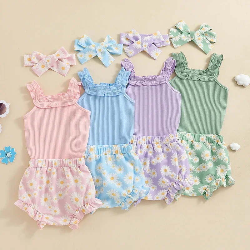 

Tregren 0-18M Infant Newborn Baby Girls Summer Clothing Solid Color Sleeveless Ribbed Romper Daisy Print Shorts Headband Sets