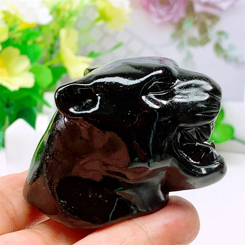 

Natural Black Obsidian Cheetah Head Carving Crafts Healing Lucky Stone Home Decoration Gift Healthy Children Toy 1pcs