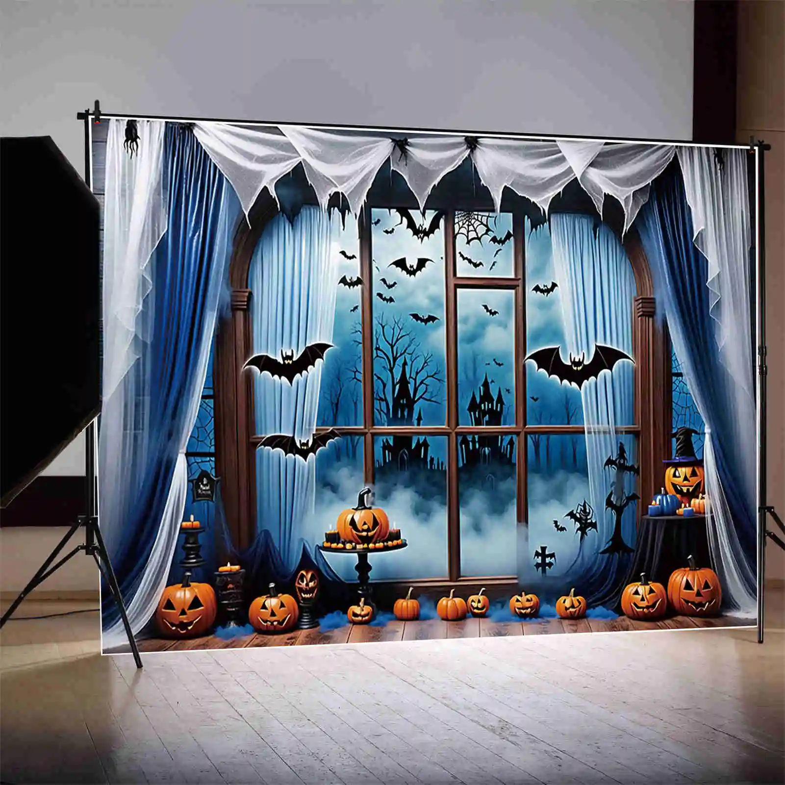 MOON.QG Halloween Blue Backgrounds Window Curtain Bat Horror Jack-O'-Lantern Backdrops Custom Party Decoration Photo Shoot Props