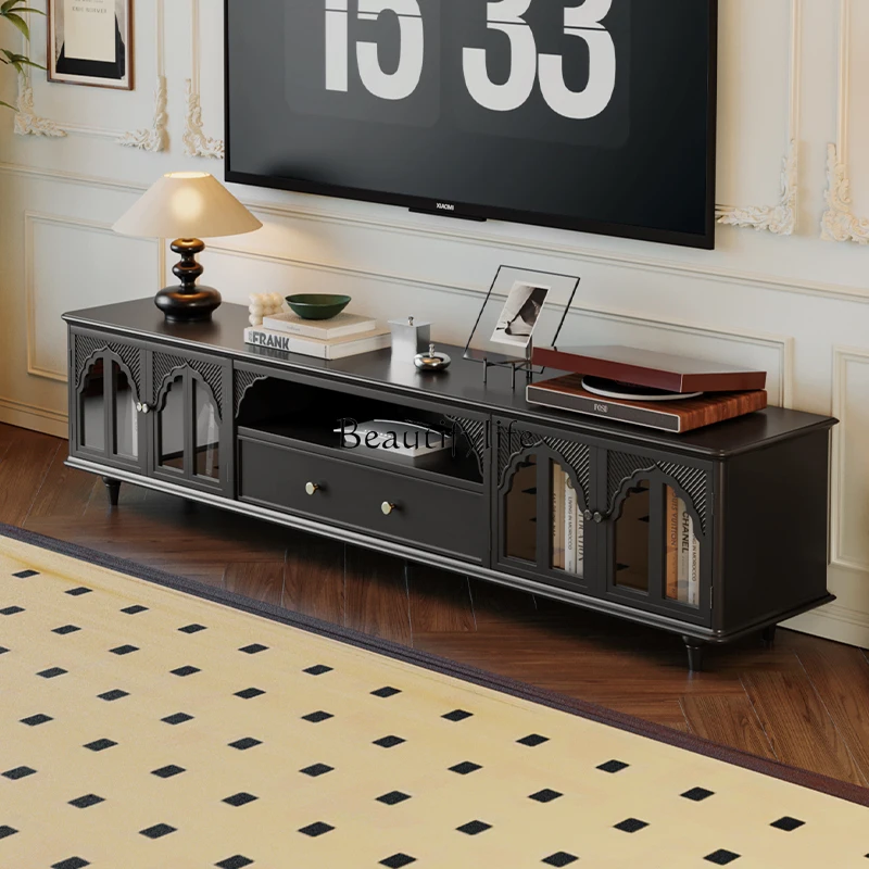 

French retro solid wood TV cabinet coffee table combination American living room small apartment