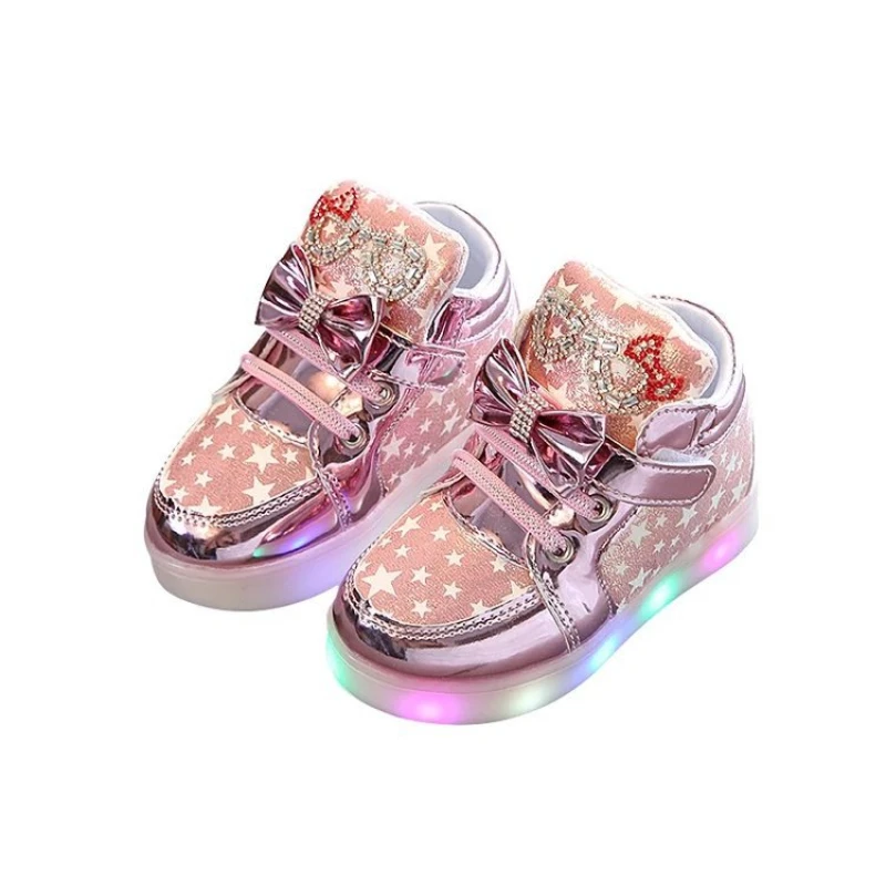 Cute Velcro Flashing Light Kids Sneakers Baby Children Toddler Shoes Sequin Casual Sports Shoes Girls Skateboard Shoe Size 21-30