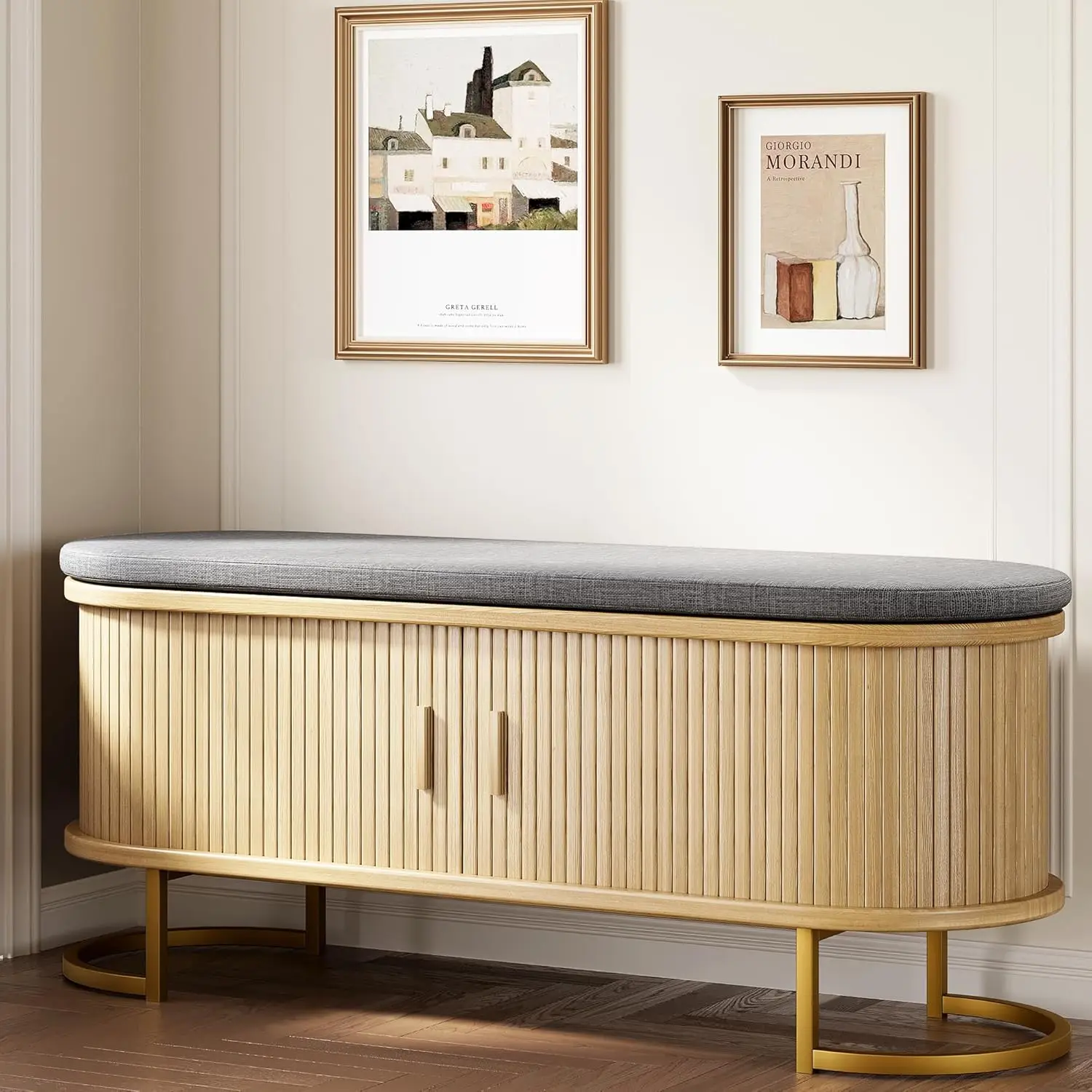 

47.2'' Entryway Storage Bench Seat with Sliding Door, Large Shoe Bench with Sturdy Metal Feet & Soft Cushion, Multi-Scene Use fo