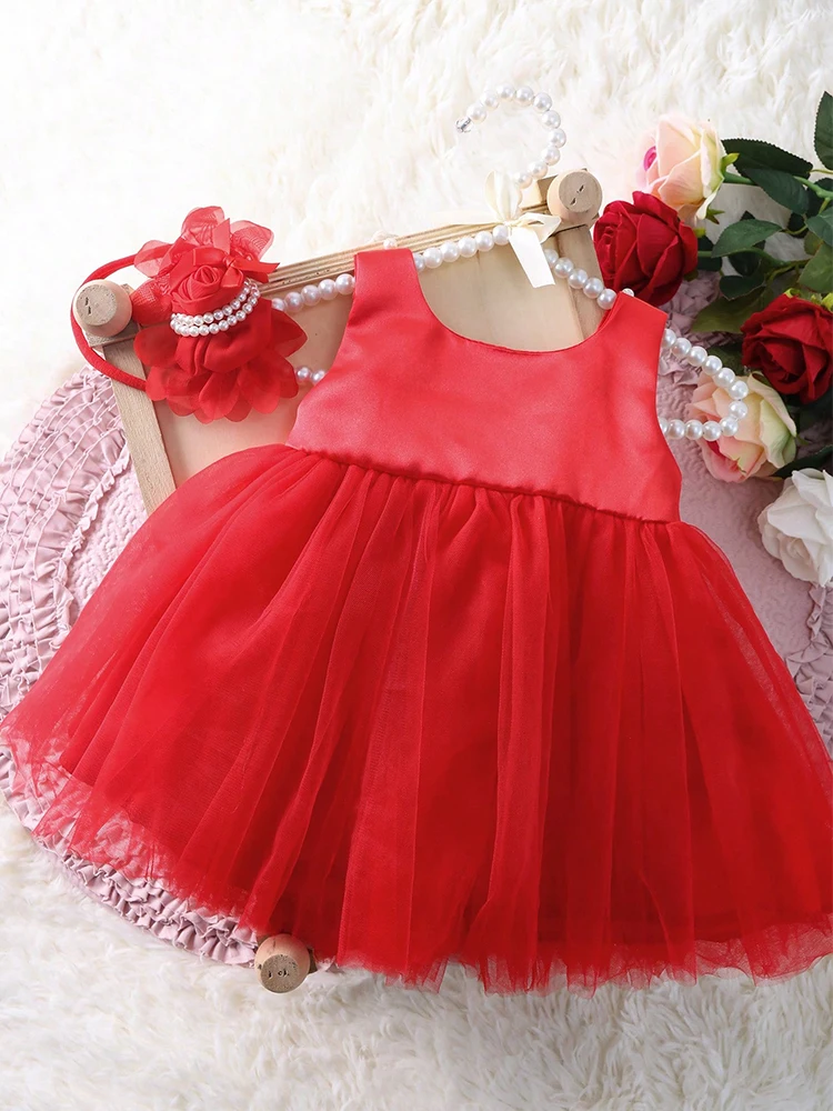 Ylsteed 2 Piece Set Newborn Baby Red Dress for Photoshooting Newborn Photography Props Infant Bow Pearl Dress with Rose Hairband