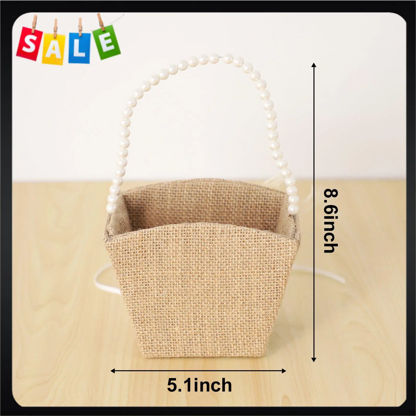ABEZ Flower Girl Basket Rustic Burlap For Vintage Rustic Wedding Party Flower Basket With Pearl Handle