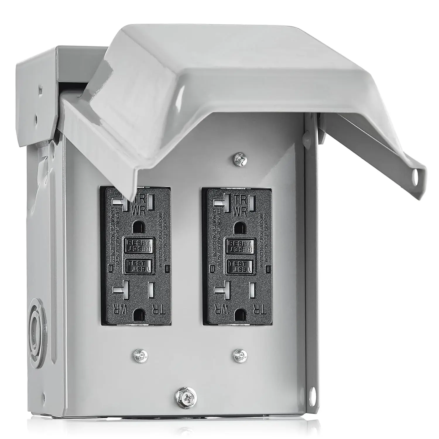 

Outdoor Electrical Outlet Box, Dual 20 AMP WRTR GFCI Receptacles, Rainproof 3R Enclosure, Weatherproof All Metal Outlet Cover