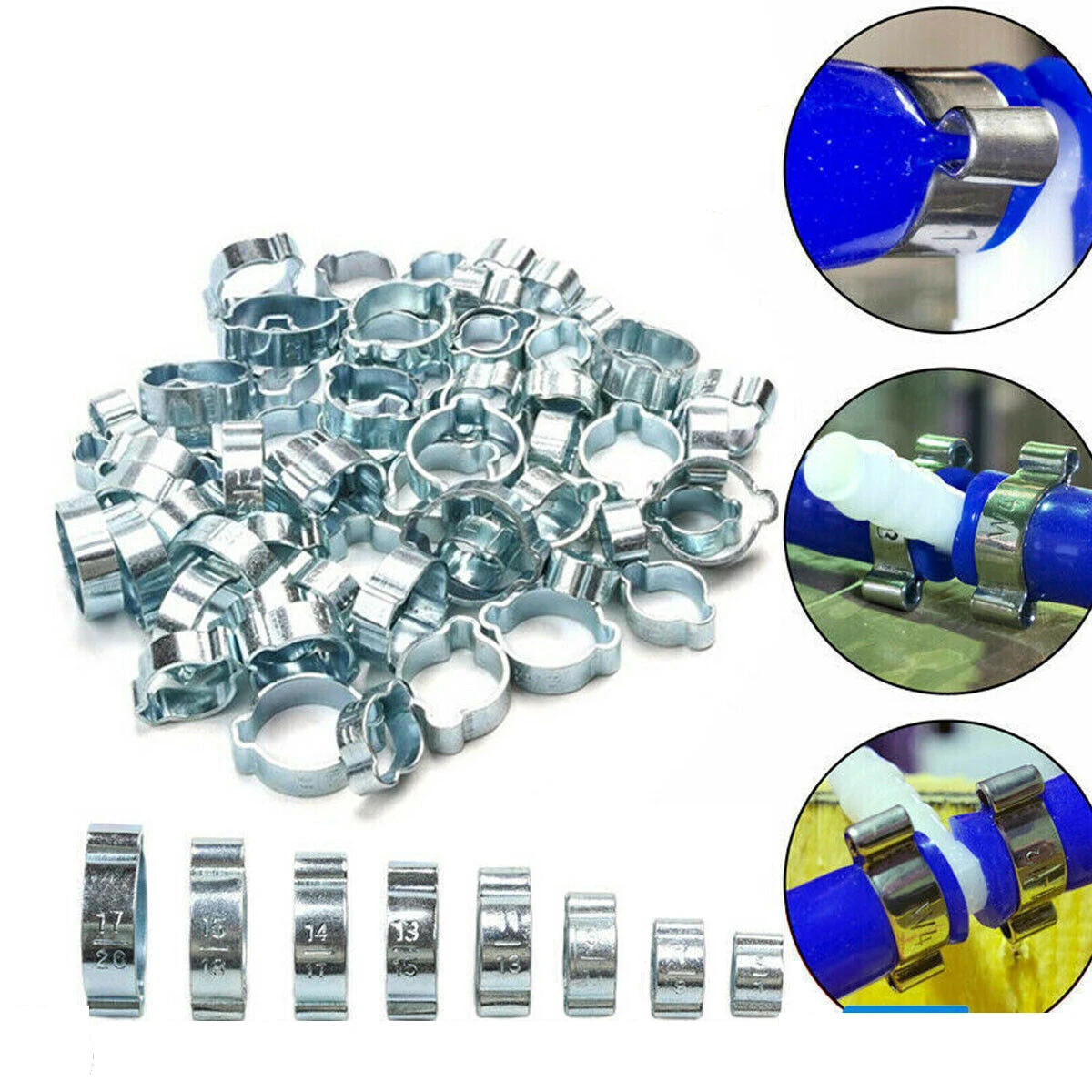 60Pcs Double Ear Clamps O Clips-Crimp O Clip Air Silicone Petrol Fuel Hose Pipe