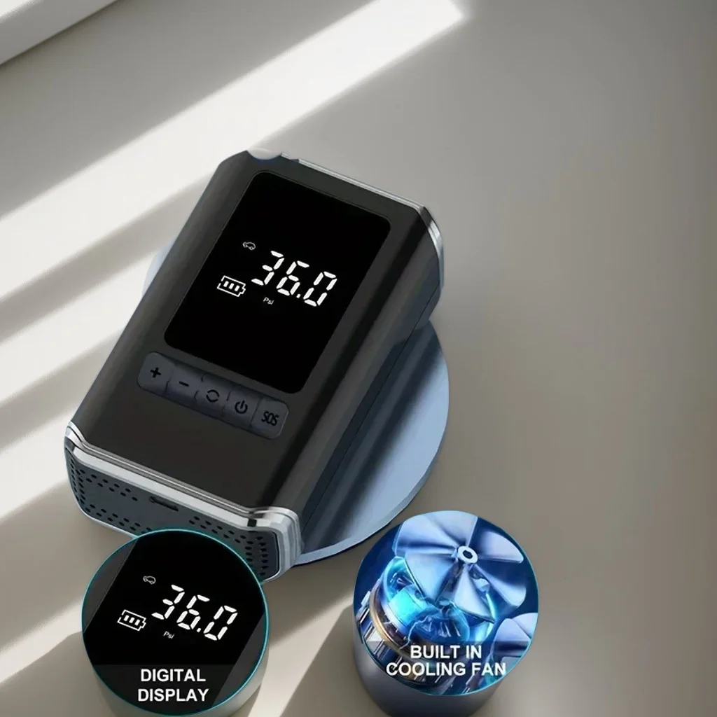 

Портативный автомобильный воздушный насос — беспроводной перезаряжаемый насос для накачивания шин со светодиодным аварийным освещением