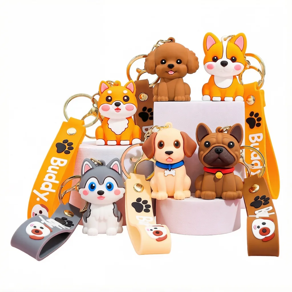 Cute PVC Husky Puppy Keychain Buddy Charm Soft Rubber Dog Figure Backpack Decor Keyring Pendant Funny Animal Lovers Gift