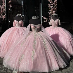 Shinning Lace Appliques Corset Pink Puff Off The Shoulder Quinceanera Dresses Ball Gown Princess Dress vestidos Customized