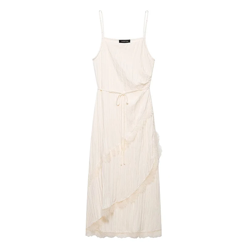 YENKYE Romantic Crinkled Wrap Slip Dress Women Self Tie Waist Lace Trim Irregular Hem Beach Vacation Midi Dresses Female Vestido
