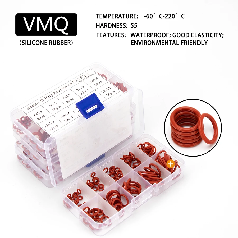 150PCS VMQ Red Silicone Sealing O-rings Gasket Replacements Assortment Kit OD 6mm-20mm CS 1mm 1.5mm 1.9mm 2.4mm 10 Small Sizes