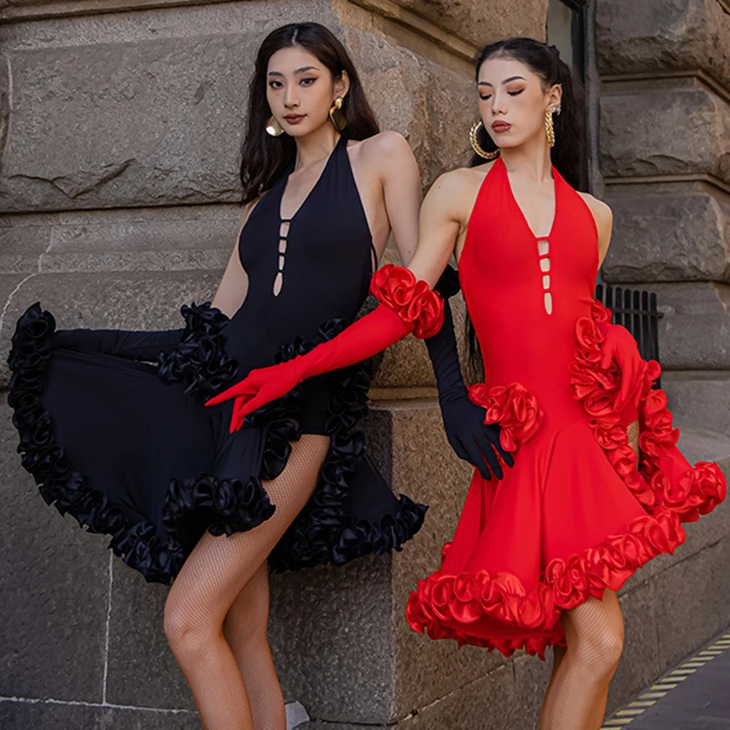 New Latin Dance Performance Costume Women Floral Halter Neck Prom Party Dress Adult Cha Cha Rumba Dance Dress Competition Dress