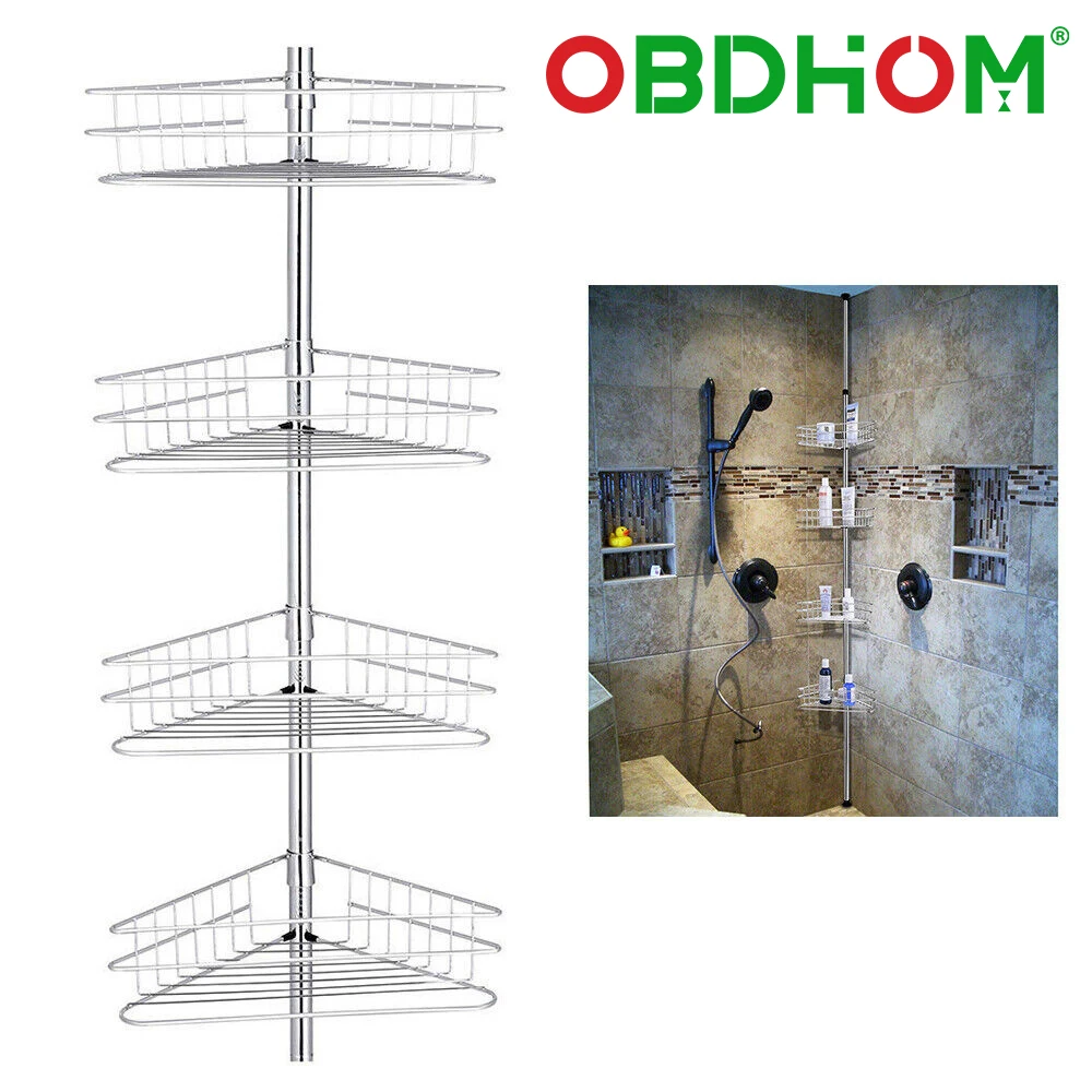 

4 Layer Corner Bathroom Shelf Telescopic Shower Storage Shelf on Rod Tension Pole No Hole Punching Storage Rack for Bathroom